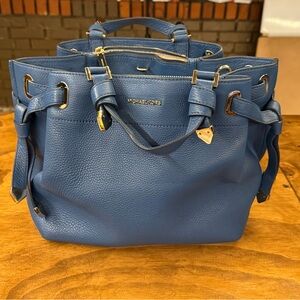 Michael Kors Blue Satchel Pebbled Leather Gold Accents